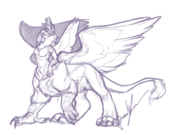 Size: 1000x778 | Tagged: safe, artist:thalsha, gilda, griffon, griffon centaur, anthro, taur, g4, double wings, female, multiple wings, paws, sketch, solo, sultry pose