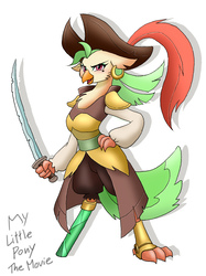 Size: 1099x1470 | Tagged: safe, artist:orca, captain celaeno, ornithian, anthro, g4, my little pony: the movie, clothes, coat, ear piercing, earring, emerald, female, glare, hand on hip, hat, jewelry, piercing, pirate, pirate hat, prosthetics, simple background, smiling, solo, sword, weapon