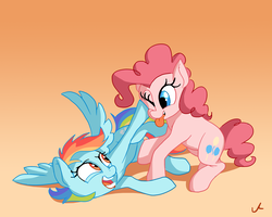 Size: 3000x2400 | Tagged: safe, artist:docwario, pinkie pie, rainbow dash, earth pony, pegasus, pony, g4, duo, female, gradient background, high res, horseplay, lesbian, looking at each other, mare, one eye closed, playing, ship:pinkiedash, silly, smiling, spread wings, tongue out, wings, wrestling