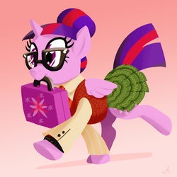 Size: 4800x4800 | Tagged: safe, artist:docwario, sci-twi, twilight sparkle, alicorn, pony, g4, absurd resolution, adorkable, clothes, cute, dork, equestria girls ponified, female, folded wings, glasses, hair bun, mare, meganekko, mouth hold, necktie, pleated skirt, ponified, sci-twilicorn, shirt, skirt, skirt lift, solo, suitcase, twilight sparkle (alicorn), vest, walking, watch, wristwatch
