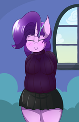 Size: 1950x3000 | Tagged: safe, artist:dragonpone, derpibooru exclusive, starlight glimmer, unicorn, anthro, arm behind back, big breasts, blushing, breasts, busty starlight glimmer, chubby, clothes, cute, ear fluff, eyes closed, female, miniskirt, moe, plump, skirt, smiling, solo, starlight's room, sweater, thighs, window