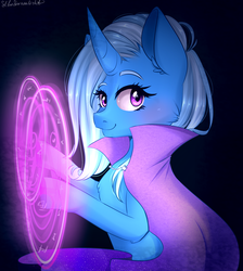 Size: 1700x1900 | Tagged: safe, artist:silbersternenlicht, trixie, pony, unicorn, g4, blushing, chest fluff, female, looking at you, magic, magic circle, mare, raised eyebrow, sitting, smiling, solo, underhoof