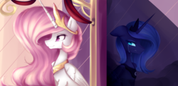 Size: 4100x2000 | Tagged: safe, artist:nutellaakanutella, princess celestia, princess luna, alicorn, pony, g4, colored pupils, crying, duo, female, high res, jewelry, mare, pink-mane celestia, regalia, resentment, royal sisters, s1 luna, siblings, sisters, slit pupils, smiling