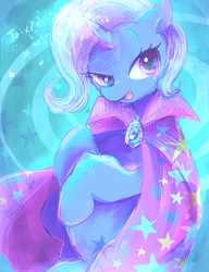 Size: 1164x1516 | Tagged: safe, artist:osawari64, trixie, pony, unicorn, g4, abstract background, cape, clothes, color porn, cute, cute little fangs, diatrixes, fangs, female, looking at you, magic, mare, solo, trixie's cape