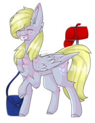 Size: 645x833 | Tagged: safe, artist:twinkepaint, derpy hooves, pegasus, pony, g4, blushing, chest fluff, eyes closed, female, letter, mail, mailbag, mailbox, mailmare, mare, mouth hold, raised hoof, simple background, solo, transparent background