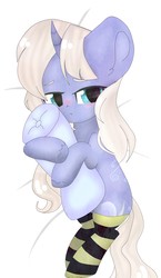 Size: 826x1420 | Tagged: safe, artist:sayasha pidor, oc, oc only, oc:moonbow, pony, bed, big ears, blushing, body pillow, clothes, commission, embarrassed, pillow, simple background, socks, solo, striped socks, white background