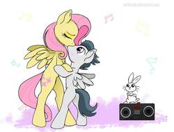 Size: 1050x800 | Tagged: safe, artist:sarikashy, angel bunny, fluttershy, rumble, pegasus, pony, g4, age difference, bipedal, boombox, butt, colt, eyes closed, female, foal, kiss mark, kiss on the lips, kissing, lipstick, male, mare, plot, rumbleshy, shipping, straight, straight shota, trio