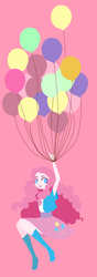 Size: 3241x9193 | Tagged: safe, artist:夏之™, pinkie pie, human, g4, absurd resolution, balloon, boots, clothes, cute, equestria girls outfit, female, floating, humanized, pixiv, shoes, simple background, skirt, solo, then watch her balloons lift her up to the sky