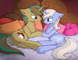 Size: 1280x994 | Tagged: safe, artist:wolfypon, edit, oc, oc only, oc:demi, oc:moonbow, pony, unicorn, g4, bed, blue eyes, butt, cute, duo, eye contact, featureless crotch, female, fluffy, holding hooves, looking at each other, male, oc x oc, plot, shipping, straight, underhoof, white mane