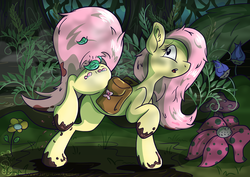 Size: 1280x905 | Tagged: safe, artist:rainihorn, fluttershy, pegasus, pony, g4, dappled sunlight, everfree forest, female, flower, mare, mud, saddle bag, solo