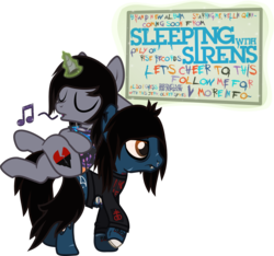 Size: 1473x1378 | Tagged: safe, artist:lightningbolt, derpibooru exclusive, earth pony, pony, undead, unicorn, zombie, zombie pony, g4, .svg available, advertising, angry, annoyed, bags under eyes, blood, bloodshot eyes, bone, bring me the horizon, candy gore, chipped tooth, clothes, colored pupils, crossed legs, disguised siren, drop dead clothing, duo, duo male, emo, eyes closed, fangs, frown, glowing, glowing horn, gore, hair over one eye, hooves behind head, horn, jewelry, kellin quinn, leaning back, lip piercing, long sleeves, magic, male, messy mane, messy tail, music notes, necklace, nosebleed, oliver sykes, on back, open mouth, peeling flesh, piercing, ponies riding ponies, ponified, pulled up sleeve, rainbow blood, raised hoof, raised leg, relaxing, riding, scar, shirt, show accurate, sign, simple background, singing, sirens doing siren things, sleeping with sirens, slit pupils, stallion, stitches, svg, t-shirt, tattered, tattoo, text, tilde, torn clothes, torn ear, transparent background, trap, vector, walking