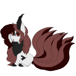 Size: 2560x2560 | Tagged: safe, artist:brokensilence, oc, oc only, oc:mira songheart, earth pony, fox, fox pony, hybrid, kitsune, kitsune pony, original species, pony, chest fluff, chibi, fangs, high res, multiple tails, open mouth, paws, red eyes, simple background, sitting, solo, transparent background