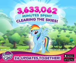 Size: 940x788 | Tagged: safe, gameloft, rainbow dash, pegasus, pony, g4, official, clear the skies, female, inconsistent line weight, mare, my little pony logo, solo, statistics, tree, walking