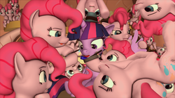 Size: 1920x1080 | Tagged: safe, artist:vantusman, pinkie pie, twilight sparkle, alicorn, pony, g4, too many pinkie pies, 3d, makeup, small hat, source filmmaker, twilight sparkle (alicorn)