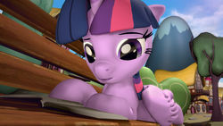 Size: 1920x1080 | Tagged: safe, artist:vantusman, twilight sparkle, alicorn, pony, g4, 3d, bench, book, female, nose wrinkle, ponyville, reading, scenebuild, solo, source filmmaker, twilight sparkle (alicorn)