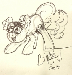 Size: 1735x1809 | Tagged: safe, artist:binkyt11, derpibooru exclusive, pinkie pie, earth pony, pony, g4, disney, disneyland, female, monochrome, pen, pinkie puffs, sketch, solo