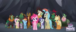 Size: 2048x858 | Tagged: safe, screencap, applejack, boyle, capper dapperpaws, captain celaeno, fluttershy, lix spittle, mullet (g4), pinkie pie, princess skystar, rainbow dash, rarity, spike, squabble, classical hippogriff, dragon, hippogriff, parrot pirates, anthro, g4, my little pony: the movie, official, chest fluff, pirate