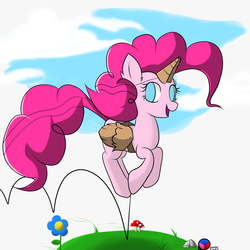Size: 1024x1024 | Tagged: safe, artist:genericmlp, pinkie pie, earth pony, pony, g4, fake horn, fake wings, female, mare, partycorn, pronking, solo