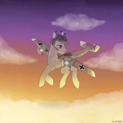 Size: 2000x2000 | Tagged: safe, artist:cottonaime, oc, oc only, oc:dorn, original species, plane pony, pony, high res, iron cross, luftwaffe, plane, smiling, solo, sunset, ych result