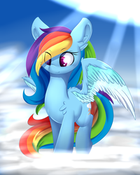 Size: 2755x3444 | Tagged: safe, artist:madacon, rainbow dash, pegasus, pony, g4, alternate hairstyle, cloud, crepuscular rays, cute, dashabetes, ear fluff, female, high res, mare, smiling, solo, spread wings, wings