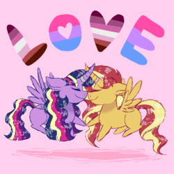 Size: 2100x2100 | Tagged: safe, artist:sketchymetal, sunset shimmer, twilight sparkle, alicorn, pony, g4, alicornified, bilight sparkle, bisexual pride flag, boop, cuddling, duo, eyes closed, female, gay pride, high res, holding hooves, lesbian, lesbian pride flag, noseboop, pride, pride month, race swap, rainbow power, shimmercorn, ship:sunsetsparkle, shipping, twilight sparkle (alicorn)