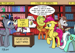 Size: 1754x1240 | Tagged: safe, artist:pony-berserker, lyra heartstrings, roseluck, oc, oc:longhaul, oc:silver sickle, oc:slipstream, oc:southern comfort, oc:sweet words, pegasus, pony, unicorn, g4, 50 shades of hay, book, bookshelf, dialogue, discount, game of thrones, george r.r. martin, i can't believe it's not idw, my tiny gecko, not scootaloo, pone, speech bubble
