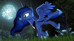 Size: 1920x1080 | Tagged: safe, artist:loveslove, princess luna, butterfly, pony, g4, 3d, female, flying, forest, grass, insect on nose, moon, night, solo, source filmmaker, tree