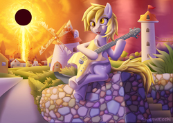 Size: 4666x3333 | Tagged: safe, artist:generalecchi, derpy hooves, pegasus, pony, g4, bass guitar, black hole sun, cottagecore, female, grunge, guitar, high res, imminent death, musical instrument, playing, scenery, sitting, solo, song reference, soundgarden, tower, town, wall, windmill, wingless