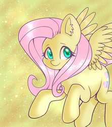 Size: 3375x3818 | Tagged: safe, artist:s-locon, fluttershy, pony, g4, abstract background, bright, cute, ear fluff, female, high res, looking at you, looking sideways, shyabetes, smiling, solo, spread wings, wings