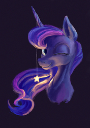 Size: 930x1316 | Tagged: safe, artist:plainoasis, princess luna, pony, g4, female, horn, horn jewelry, jewelry, looking at you, mare, one eye closed, smiling, solo, stars, tangible heavenly object, wink