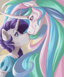 Size: 2500x3000 | Tagged: safe, artist:maxiima, princess celestia, rarity, pony, g4, blushing, clothes, crossed horns, curved horn, dress, female, high res, horn, horns are touching, lesbian, nuzzling, ship:rarilestia, shipping, smiling