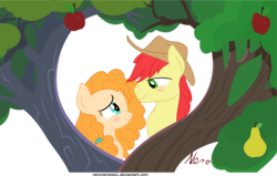Size: 5919x3766 | Tagged: safe, artist:neronemesis1, bright mac, pear butter, earth pony, pony, g4, season 7, the perfect pear, absurd resolution, apple, blushing, female, food, intertwined trees, looking at each other, male, mare, pear, previous generation, ship:brightbutter, shipping, simple background, smiling, smiling at each other, stallion, straight, transparent background
