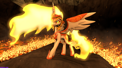 Size: 3840x2160 | Tagged: dead source, safe, artist:rainbowdashydg, daybreaker, alicorn, pony, a royal problem, g4, 3d, female, high res, lava, solo, source filmmaker