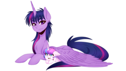 Size: 1280x720 | Tagged: safe, artist:hayley1432, princess flurry heart, twilight sparkle, alicorn, pony, g4, aunt and niece, auntie twilight, chest fluff, covering, hug, large wings, looking at each other, looking at someone, prone, simple background, transparent background, twilight sparkle (alicorn), wing covering, wings