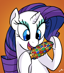 Size: 4200x4800 | Tagged: safe, artist:docwario, rarity, pony, unicorn, g4, absurd resolution, corn, female, food, gem, mare, orange background, rarity looking at food, simple background, smiling, solo