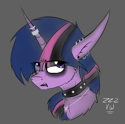 Size: 693x684 | Tagged: safe, artist:zeezou2, twilight sparkle, alicorn, pony, g4, alternate hairstyle, bust, cheek fluff, chest fluff, choker, chokertwi, dyed mane, ear piercing, earring, eyeroll, eyeshadow, female, fluffy, goth, gray background, horn, horn ring, it's a phase, jewelry, makeup, mare, necklace, nose piercing, nose ring, piercing, portrait, signature, simple background, solo, spiked choker