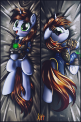 Size: 2000x3000 | Tagged: safe, artist:ruhisu, oc, oc only, oc:littlepip, pony, unicorn, fallout equestria, blushing, body pillow, body pillow design, clothes, fanfic, fanfic art, female, hooves, horn, jumpsuit, looking at you, lying down, mare, on back, on side, open mouth, pipbuck, smiling, solo, uniform, vault suit