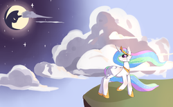 Size: 2834x1757 | Tagged: safe, artist:fluffleduckle, princess celestia, alicorn, pony, g4, cliff, cloud, crying, female, mare in the moon, moon, solo, stars