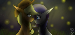 Size: 1776x828 | Tagged: safe, artist:zeezou2, applejack, rarity, earth pony, firefly (insect), pony, unicorn, g4, cheek fluff, chest fluff, female, lesbian, looking at each other, mare, ship:rarijack, shipping, signature, smiling, teary eyes