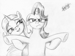 Size: 2127x1608 | Tagged: safe, artist:3500joel, starlight glimmer, trixie, pony, unicorn, all bottled up, g4, bipedal, duo, female, floppy ears, inconvenient trixie, lesbian, mare, monochrome, scene interpretation, ship:startrix, shipping, signature, simple background, traditional art, trixie's puppeteering, unamused, white background