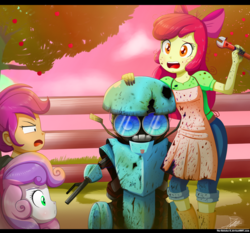 Size: 1604x1496 | Tagged: safe, artist:the-butch-x, apple bloom, scootaloo, sweetie belle, robot, equestria girls, g4, apron, clothes, crossover, cutie mark crusaders, dirty, puffy sleeves, sqweeks, transformers, transformers: the last knight, wrench