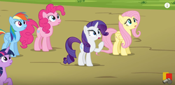 Size: 798x387 | Tagged: safe, screencap, fluttershy, pinkie pie, rainbow dash, rarity, twilight sparkle, alicorn, pony, g4, twilight's kingdom, animation error, twilight sparkle (alicorn)