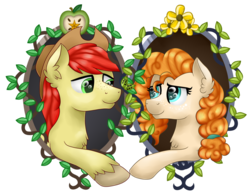 Size: 1024x797 | Tagged: safe, artist:saturnstar14, bright mac, pear butter, earth pony, pony, g4, the perfect pear, apple, bust, buttercup, double portrait, female, food, male, pear, reaching, ship:brightbutter, shipping, simple background, straight, transparent background