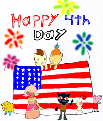 Size: 2318x2738 | Tagged: safe, artist:pokeneo1234, pound cake, pumpkin cake, cat, dog, gem (race), moogle, pegasus, pig, pony, unicorn, anthro, plantigrade anthro, g4, 4th of july, american flag, american independence day, bee and puppycat, colt, crossover, derp, disney, female, filly, final fantasy, fireworks, foal, high res, holiday, kingdom hearts, mae borowski, male, night in the woods, padparadscha, peppa pig, peppa pig (character), steven universe, sticky the dog