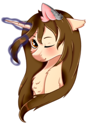Size: 730x1045 | Tagged: safe, artist:enghelkitten, oc, oc only, oc:lu, pony, unicorn, bust, female, magic, mare, one eye closed, portrait, simple background, solo, transparent background, wink