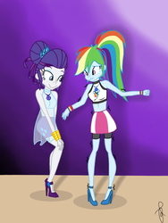 Size: 768x1024 | Tagged: safe, artist:ilaria122, rainbow dash, rarity, equestria girls, g4, bad anatomy, clothes, compression shorts, cute, geode of shielding, geode of super speed, hair bun, high heels, jewelry, legs, magical geodes, midriff, moe, ponytail, shoes, skirt