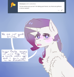 Size: 856x889 | Tagged: safe, artist:askrarimac, rarity, pony, g4, ask, back fluff, blushing, chest fluff, fluffy, shoulder fluff, tumblr