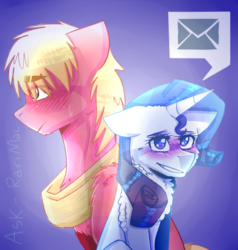 Size: 750x787 | Tagged: safe, artist:askrarimac, big macintosh, rarity, earth pony, pony, unicorn, g4, ask, blushing, chest fluff, female, male, mare, ship:rarimac, shipping, stallion, straight, tumblr