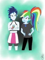 Size: 768x1024 | Tagged: safe, artist:ilaria122, rainbow dash, soarin', equestria girls, g4, clothes, clothes swap, compression shorts, crossed arms, geode, hand on hip, jewelry, male, meme, otp, pants, ponytail, ship:soarindash, shipping, skirt, straight