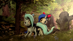 Size: 3840x2160 | Tagged: safe, artist:zomg-a-dropbear, oc, oc only, pony, 3d, biting, cute, fluffy, forest, heart eyes, heterochromia, high res, source filmmaker, tail bite, wingding eyes